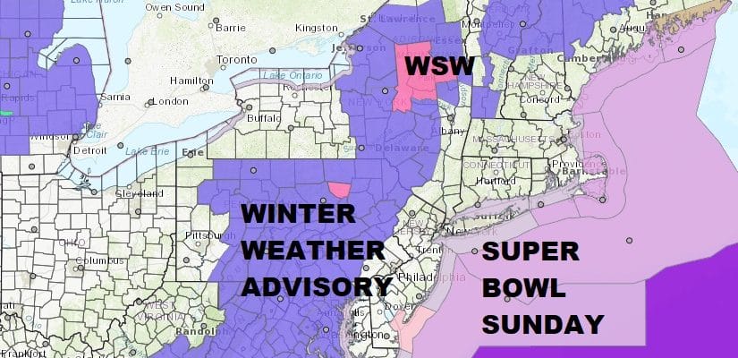 Super Bowl Sunday Winter Weather Advisory NE Pennsylvania Catskills