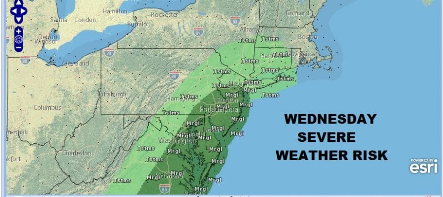 Severe Weather Risk New Jersey Southward Wednesday