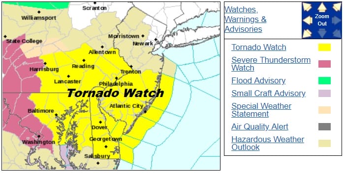 Tornado Watch Central & South Jersey Much of Southeastern Pennsylvania