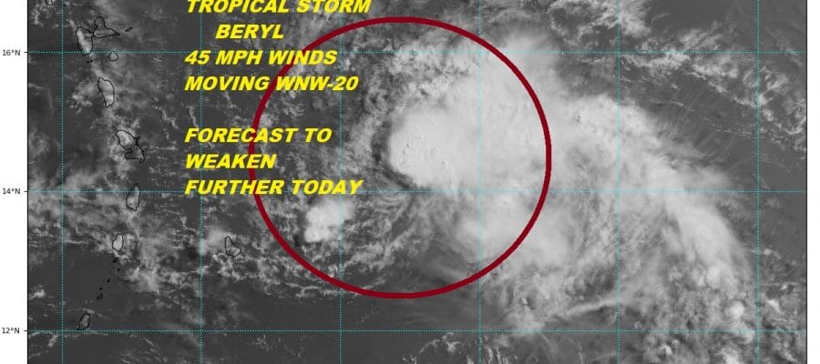 Tropical Storm Beryl Disorganized Weakening Warnings Leeward Islands