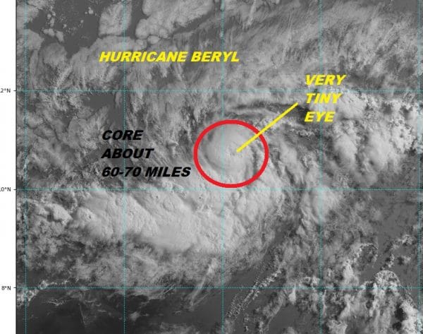 Hurricane Beryl 75 MPH Winds Moving Westward