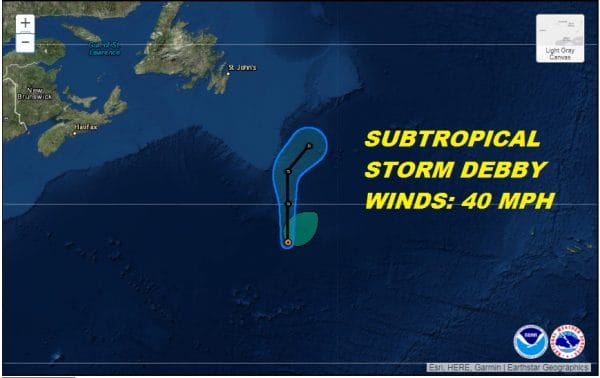Subtropical Storm Debby Forms Central Atlantic