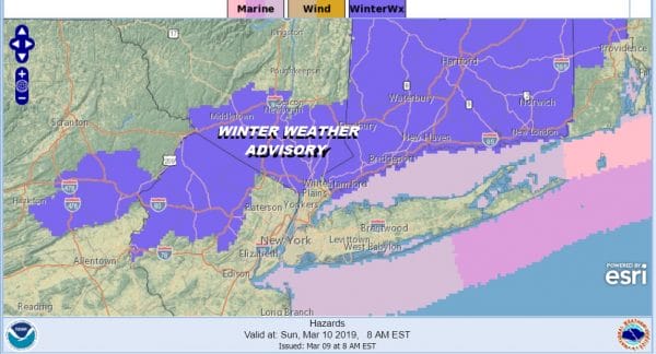 Winter Weather Advisory NW New Jersey Hudson Valley Connecticut Overnight