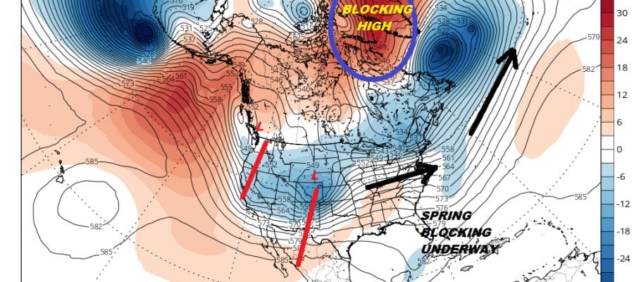 Spring Blocking Underway Makes Raw Wet Days Warmer In Between Systems