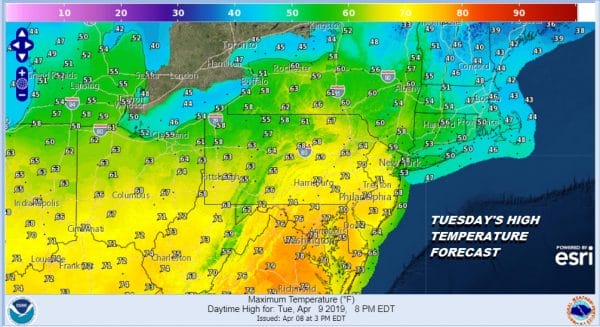 TUESDAY'S HIGH TEMPERATURE FORECAST