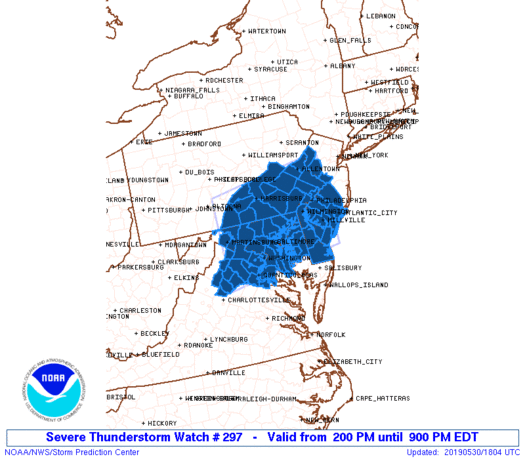 Severe Thunderstorm Watch Pennsylvania New Jersey Southward