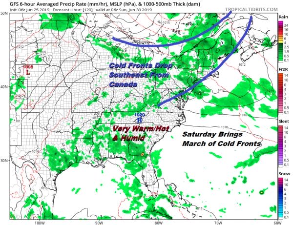 Very Warm To Hot Through Saturday Only A Few Chances For Thunderstorms Cold Fronts Drop Southeast From Canada