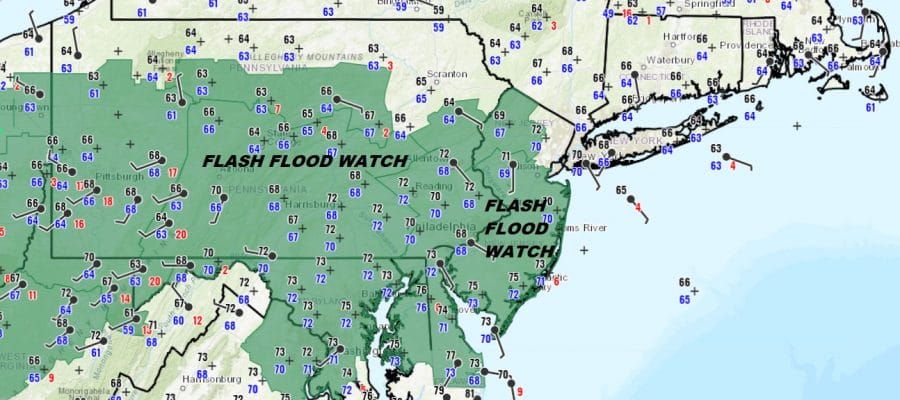 Flash Flood Watch New Jersey Pennsylvania South, Rain Into This Afternoon