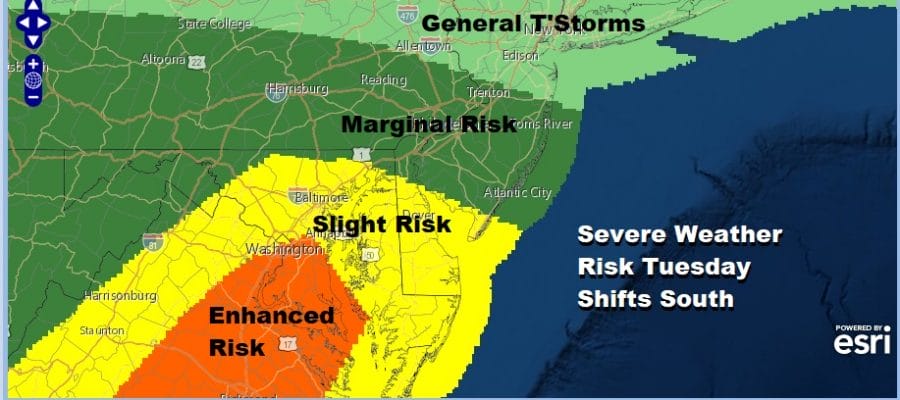 Severe Weather Risk Reduced Shifts South