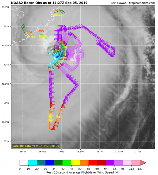 Dorian Eye East of Charleston South of Myrtle Beach Tornadoes 115 MPH