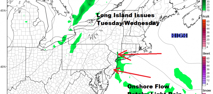 Long Island Onshore Flow Brings Clouds Patchy Rain Tuesday