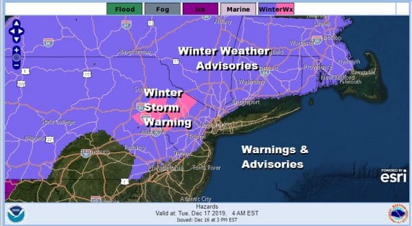 Winter Storm Warning NW New Jersey Advisories Expanded NE NJ, Significant Icing Inland