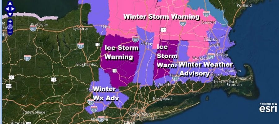 Ice Storm Winter Storm Warnings Upstate NY New England Advisories NE PA NW NJ