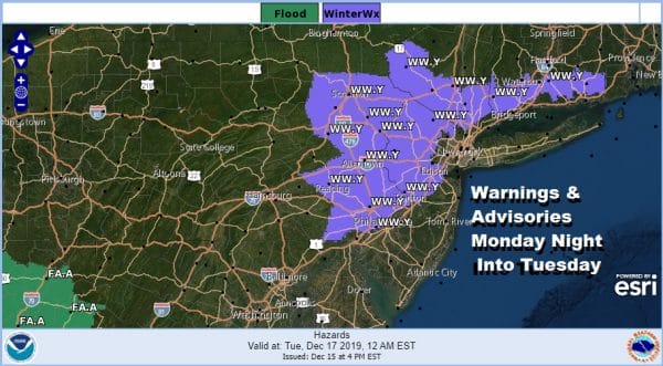 Winter Weather Advisories South Central Pennsylvania to Southern New England NW of I-95