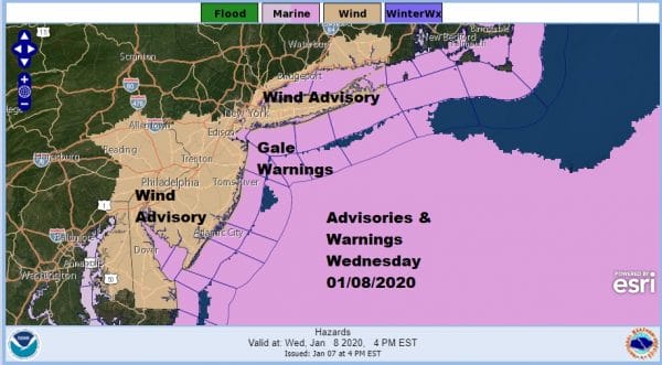 Winter Weather Advisory New Jersey RT 195 South Wind Advisory Wednesday
