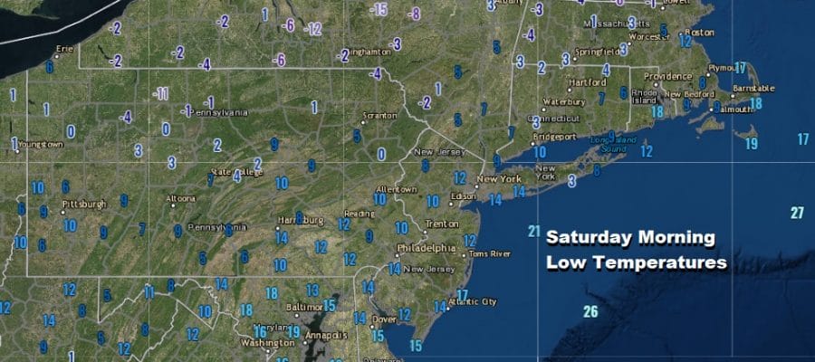 Temperatures Bounce Higher Next Chance for Rain or Showers Tuesday This morning we woke up to the coldest temperatures of the month and the coldest temperatures of the winter season across the Northeast and Northern Mid Atlantic states. Lows bottomed in the low teens and single digits in the urban corridor and we bottomed below zero north in Upstate NY and well below zero in double digits in Northern New England.  This was no doubt a fast shot of cold air that is now moving out. We managed to recover back into the 30s in most places this afternoon. Warmer air is arriving ahead of a weak cold front that will pass through Sunday night. High clouds are already arriving and that will help keep temperatures up overnight with most lows in the 20s and teens in the colder spots. Everyone should be at least 10 degrees higher Sunday morning than this morning. Though clouds will be increasing other than perhaps some snow showers well north, there are no precipitation issues to worry about through Monday. SATELLITE REGIONAL RADAR There is no change in the outlook into next week. Sunday will be warmer with high clouds and some sunshine with highs back in the 40s. The front passes Sunday night with little fanfare other than clouds and those clouds will move out for Monday. Presidents Day will be a nice day of sunshine but temperatures will probably top out in the low to mid 40s. SUNDAY'S FORECAST HIGH TEMPERATURES MONDAY'S FORECAST HIGH TEMPERATURES On to Tuesday when the next storm system heads to the Great Lakes and then moves through Upstate NY and New England. Our 4 day dry streak ends with the likelihood of showers for Tuesday. This does not look to be anything major as a cold front passes Tuesday night. Rainfall amounts of a quarter to at most a half inch are forecast and where it snows upstate NY and Northern New England, snow amounts will be on the order of a few inches or so and even in these areas up north a change to rain is possible. Though the front stalls out across the Gulf States and the Southeast US, this time around any wave development passes well to the south and east of us so it will turn dry and cold Wednesday through Friday with temperatures averaging a little below normal. We are looking at daytime highs in the upper 30s and lower 40s Wednesday and mostly in the 30s Thursday and Friday. We should see some sunshine all three days. We might actually catch a break and have dry weather right through next weekend before any other weather systems start approaching us. 