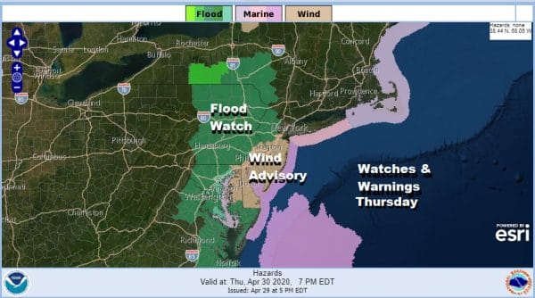 Wind Advisory New Jersey Coastal Counties Flood Watch Western and Northern New Jersey Eastern Pennsylvania
