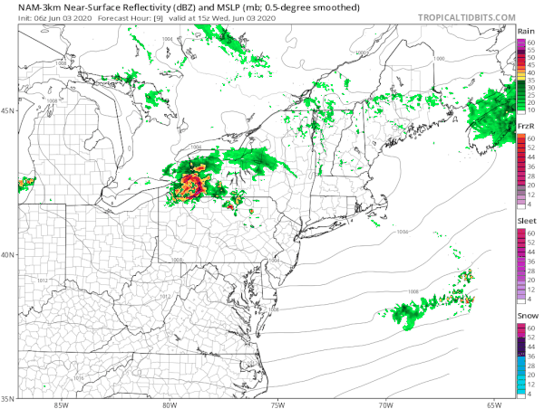 Mesoscale convective complex (MCC)—A particular type of MCS, an MCC is a large, circular, long-lived cluster of showers and thunderstorms identified by satellite. It often emerges out of other storm types during the late-night and early-morning hours. MCCs can cover an entire state.