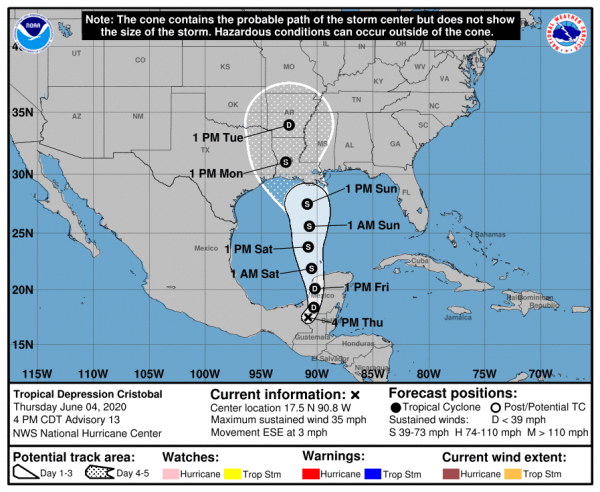 LOCATION...17.5N 90.8W ABOUT 165 MI...270 KM S OF CAMPECHE MEXICO MAXIMUM SUSTAINED WINDS...35 MPH...55 KM/H PRESENT MOVEMENT...ESE OR 110 DEGREES AT 3 MPH...6 KM/H MINIMUM CENTRAL PRESSURE...999 MB...29.50 INCHES
