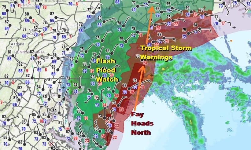 Tropical Storm Fay Winds Now 60 MPH Heading North Along New Jersey Coast