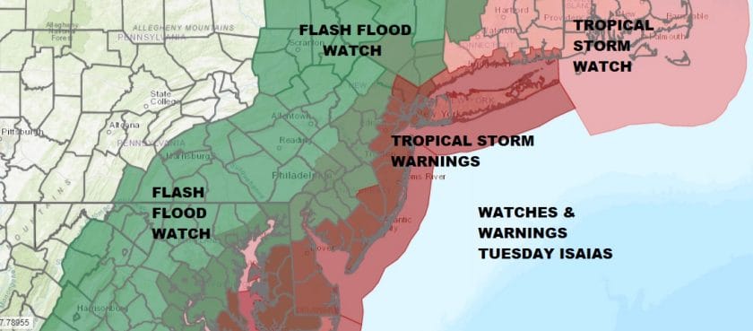 Tropical Storm Warnings Flash Flood Watch Tuesday Isaias Heads Up The Coast