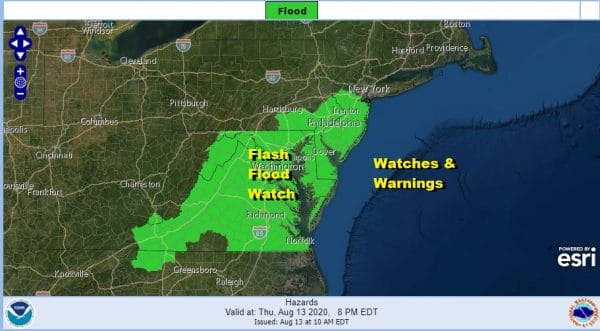 Flash Flood Watch Continues New Jersey to Virginia
