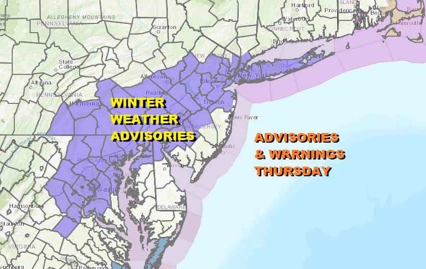 Winter Weather Advisory Southern  & Eastern Pennsylvania, Most of Northern New Jersey NYC & Long Island